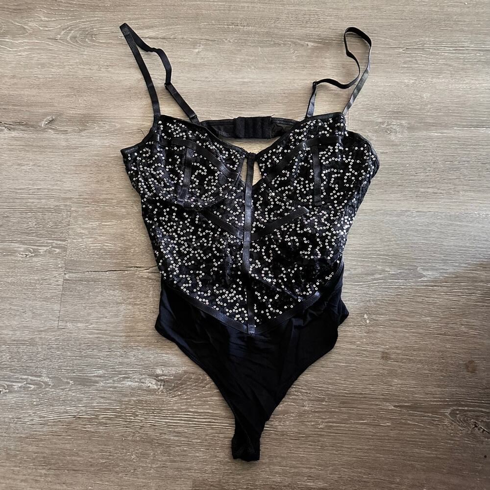 Haute Monde Black Thong Bodysuit Sequins Lingerie New Size Large